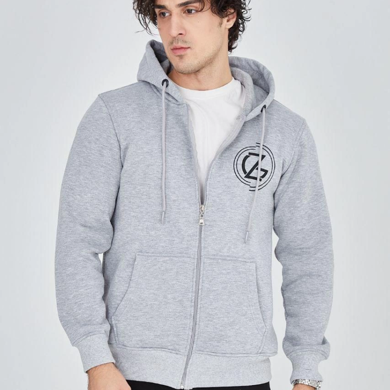 Erkek 3 İplik Pamuklu Fermuarlı Kapüşonlu Kanguru Cepli Baskılı Hoodie Hırka Sweatshirt -Gri