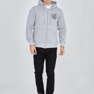 Erkek 3 İplik Pamuklu Fermuarlı Kapüşonlu Kanguru Cepli Baskılı Hoodie Hırka Sweatshirt -Gri