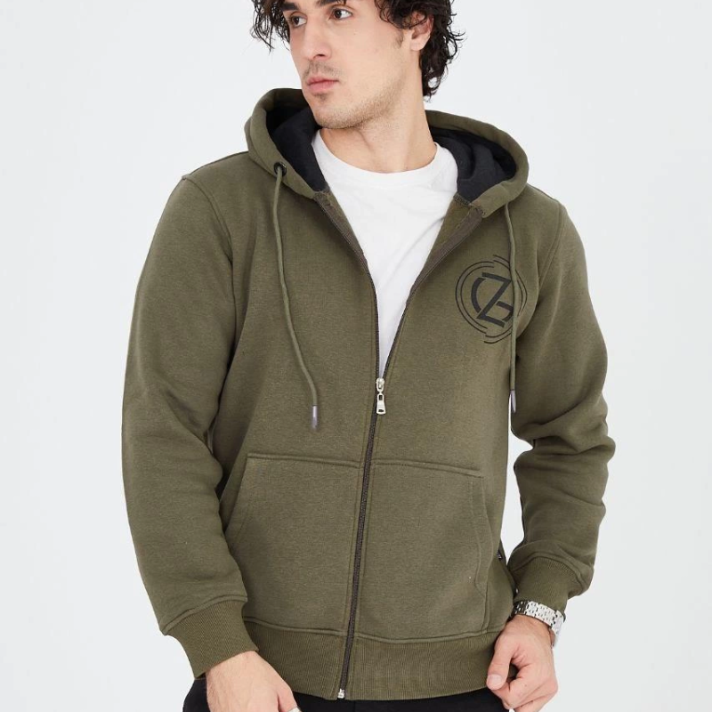 Erkek 3 İplik Pamuklu Fermuarlı Kapüşonlu Kanguru Cepli Baskılı Hoodie Hırka Sweatshirt - Yeşil