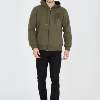 Erkek 3 İplik Pamuklu Fermuarlı Kapüşonlu Kanguru Cepli Baskılı Hoodie Hırka Sweatshirt - Yeşil