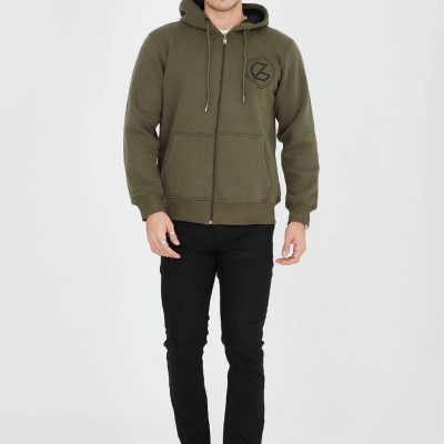 Erkek 3 İplik Pamuklu Fermuarlı Kapüşonlu Kanguru Cepli Baskılı Hoodie Hırka Sweatshirt - Yeşil