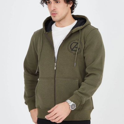 Erkek 3 İplik Pamuklu Fermuarlı Kapüşonlu Kanguru Cepli Baskılı Hoodie Hırka Sweatshirt - Yeşil