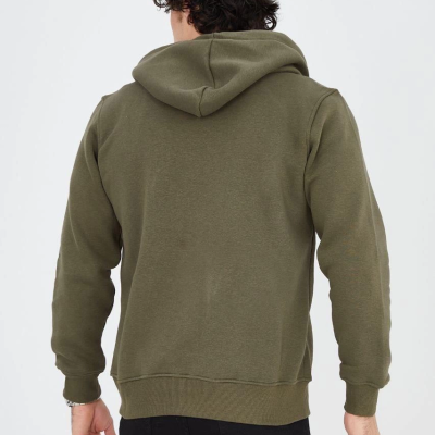 Erkek 3 İplik Pamuklu Fermuarlı Kapüşonlu Kanguru Cepli Baskılı Hoodie Hırka Sweatshirt - Yeşil