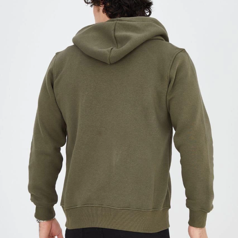 Erkek 3 İplik Pamuklu Fermuarlı Kapüşonlu Kanguru Cepli Baskılı Hoodie Hırka Sweatshirt - Yeşil