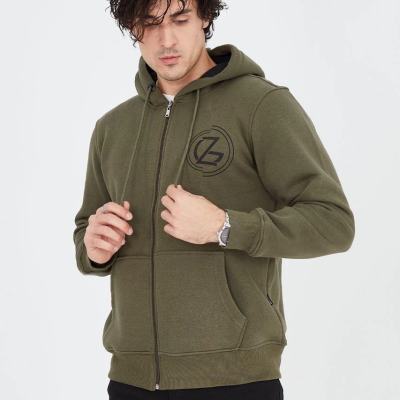 Erkek 3 İplik Pamuklu Fermuarlı Kapüşonlu Kanguru Cepli Baskılı Hoodie Hırka Sweatshirt - Yeşil