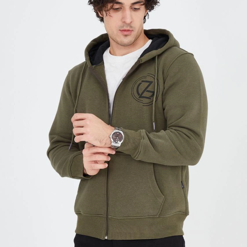 Erkek 3 İplik Pamuklu Fermuarlı Kapüşonlu Kanguru Cepli Baskılı Hoodie Hırka Sweatshirt - Yeşil