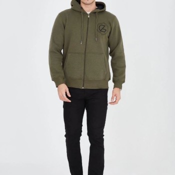 Erkek 3 İplik Pamuklu Fermuarlı Kapüşonlu Kanguru Cepli Baskılı Hoodie Hırka Sweatshirt - Yeşil