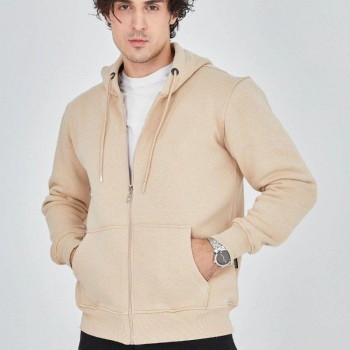 Erkek 3 İplik Pamuklu Fermuarlı Kapüşonlu Kanguru Cepli Hoodie Hırka Sweatshirt -Bej