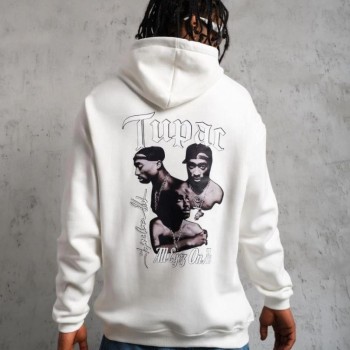 Erkek 3 İplik Pamuklu Kapüşonlu Baskılı Cepli Oversize Sweatshirt Hoodie - Beyaz