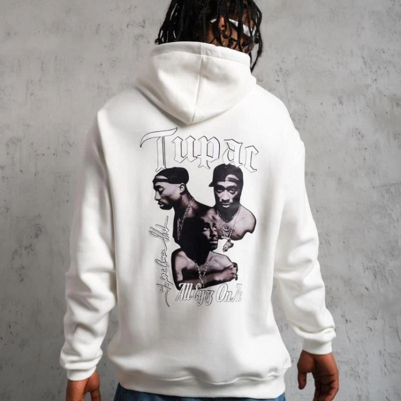 Erkek 3 İplik Pamuklu Kapüşonlu Baskılı Cepli Oversize Sweatshirt Hoodie - Beyaz