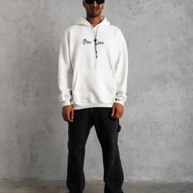 Erkek 3 İplik Pamuklu Kapüşonlu Baskılı Cepli Oversize Sweatshirt Hoodie - Beyaz