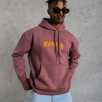 Erkek 3 İplik Pamuklu Kapüşonlu Baskılı Cepli Oversize Sweatshirt Hoodie - Gül Kurusu