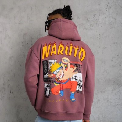 Erkek 3 İplik Pamuklu Kapüşonlu Baskılı Cepli Oversize Sweatshirt Hoodie - Gül Kurusu