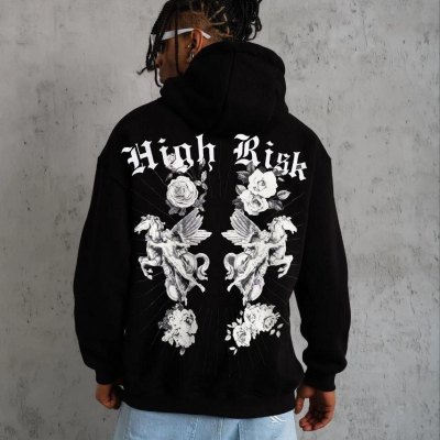 Erkek 3 İplik Pamuklu Kapüşonlu Baskılı Cepli Oversize Sweatshirt Hoodie - Siyah