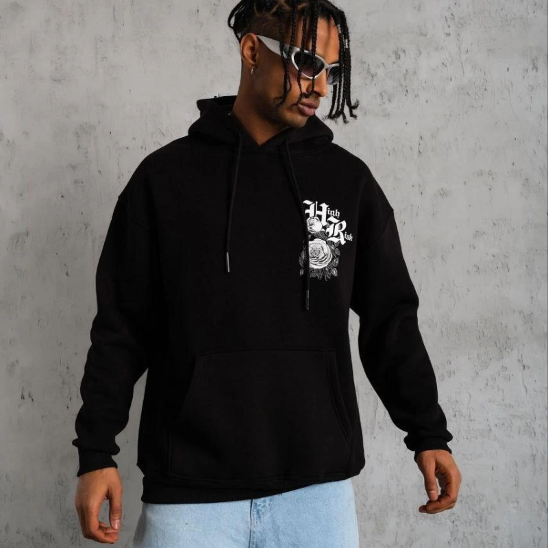 Erkek 3 İplik Pamuklu Kapüşonlu Baskılı Cepli Oversize Sweatshirt Hoodie - Siyah