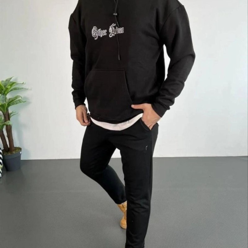 Erkek 3 İplik Pamuklu Kapüşonlu Baskılı Cepli Oversize Sweatshirt Hoodie - Siyah