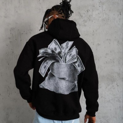 Erkek 3 İplik Pamuklu Kapüşonlu Baskılı Cepli Oversize Sweatshirt Hoodie - Siyah