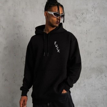 Erkek 3 İplik Pamuklu Kapüşonlu Baskılı Cepli Oversize Sweatshirt Hoodie - Siyah
