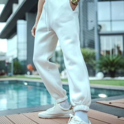 Erkek 3 İplik Pamuklu Paçası Lastikli Cepli Eşofman Pantolon - Beyaz