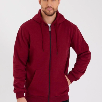 Erkek 3 İplik Pamuklu Tam Fermuarlı Kapüşonlu Kanguru Cepli Düz Hoodie Sweatshirt - Bordo