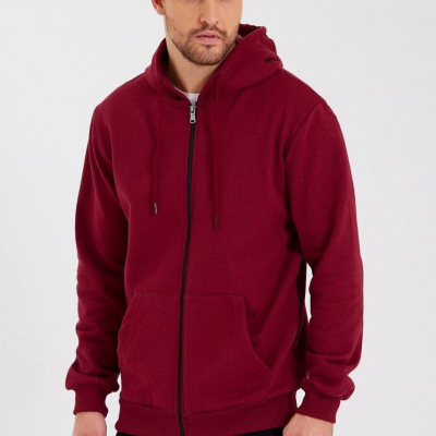Erkek 3 İplik Pamuklu Tam Fermuarlı Kapüşonlu Kanguru Cepli Düz Hoodie Sweatshirt - Bordo