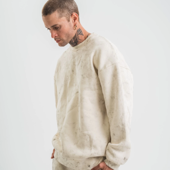 Erkek 3 İplik Pamuklu Yağ Yıkamalı Bisiklet Yaka Sweatshirt Oversize Hoodie - Krem