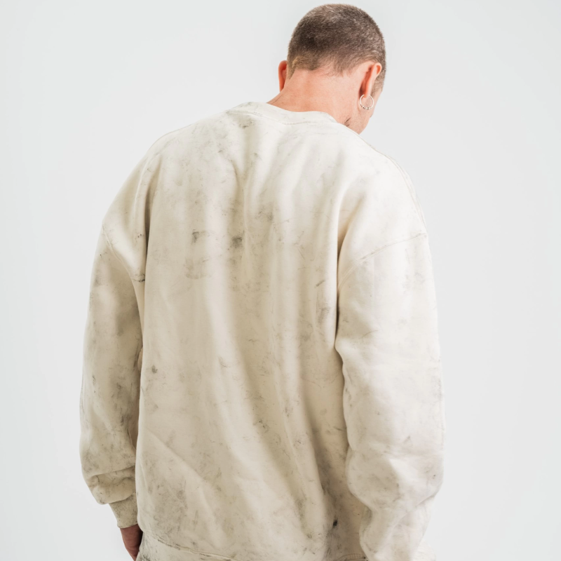 Erkek 3 İplik Pamuklu Yağ Yıkamalı Bisiklet Yaka Sweatshirt Oversize Hoodie - Krem