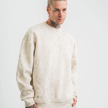 Erkek 3 İplik Pamuklu Yağ Yıkamalı Bisiklet Yaka Sweatshirt Oversize Hoodie - Krem