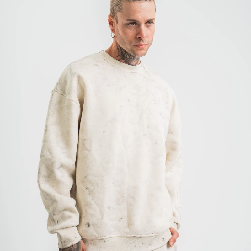 Erkek 3 İplik Pamuklu Yağ Yıkamalı Bisiklet Yaka Sweatshirt Oversize Hoodie - Krem