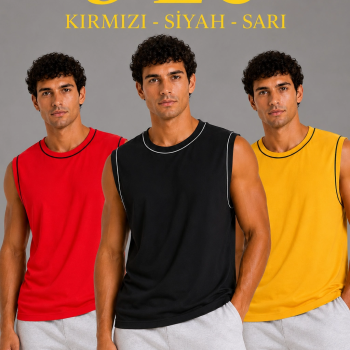 Erkek 3’lü Kolsuz Sporcu Atlet Seti Yazlık Bisiklet Yaka - Siyah, Kırmızı, Sarı