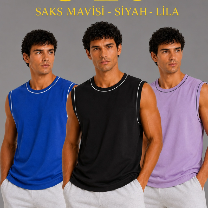 Erkek 3’lü Kolsuz Sporcu Atlet Seti Yazlık Bisiklet Yaka - Siyah, Lila, Saks Mavisi