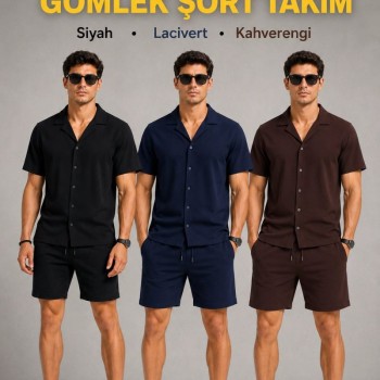 Erkek 3’lü Krep Kumaş Cepli Gömlek Şort Takım Kısa Kollu Bağcıklı - Siyah , Lacivert , Kahverengi