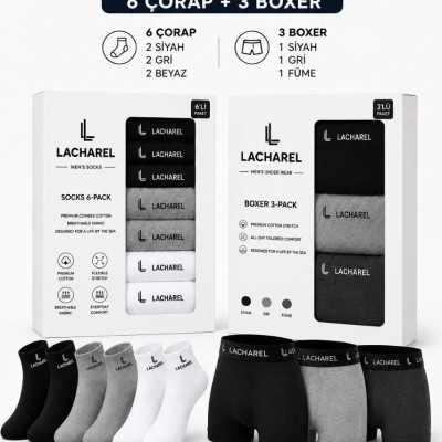 Erkek 9'Lu İç Giyim Seti Pamuklu 3 Boxer 6 Çorap Çoklu Paket - Siyah - Füme - Gri - Beyaz
