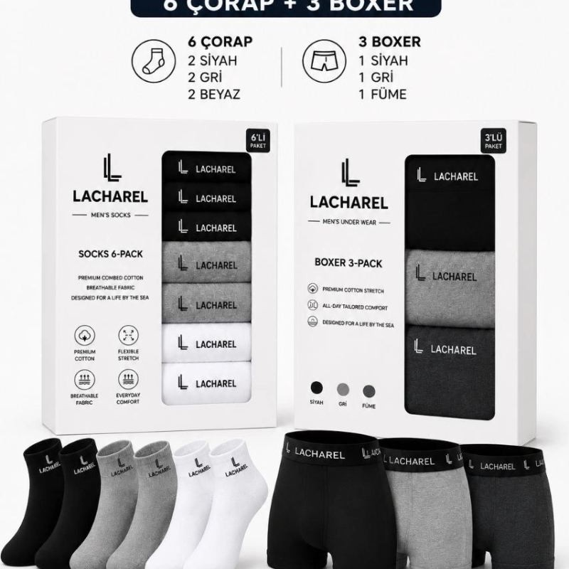 Erkek 9'Lu İç Giyim Seti Pamuklu 3 Boxer 6 Çorap Çoklu Paket - Siyah - Füme - Gri - Beyaz