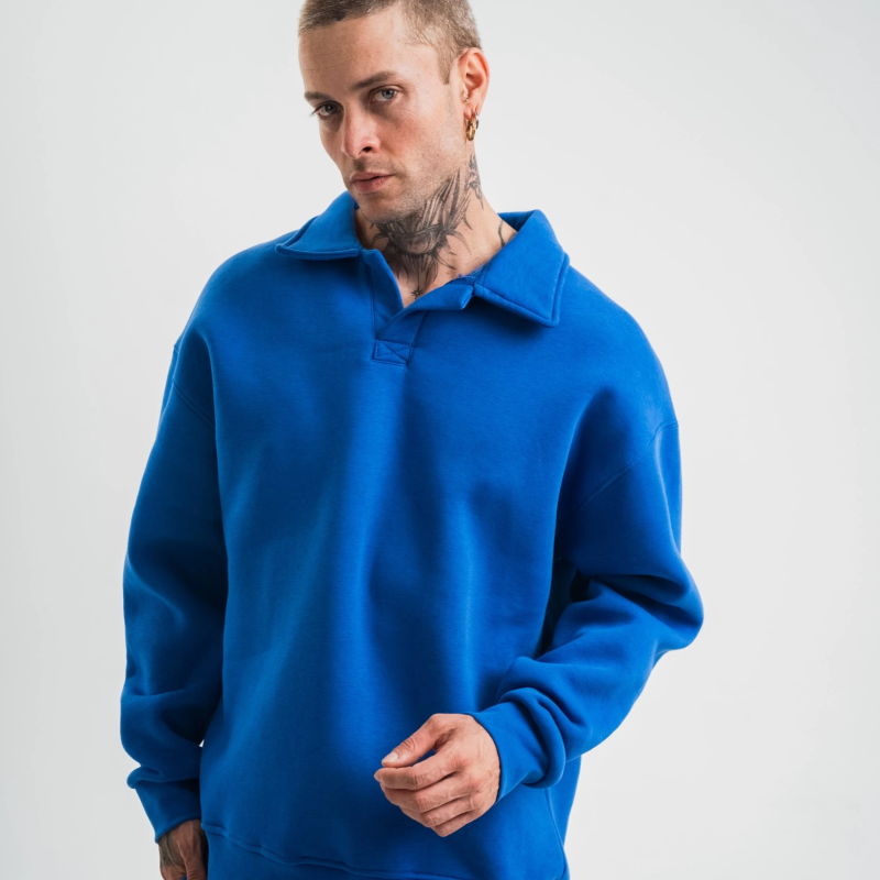 Erkek Açık Yakalı Oversize 3 İplik Pamuklu Sweatshirt - Mavii
