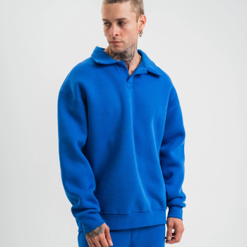 Erkek Açık Yakalı Oversize 3 İplik Pamuklu Sweatshirt - Mavii