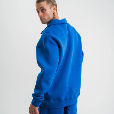 Erkek Açık Yakalı Oversize 3 İplik Pamuklu Sweatshirt - Mavii