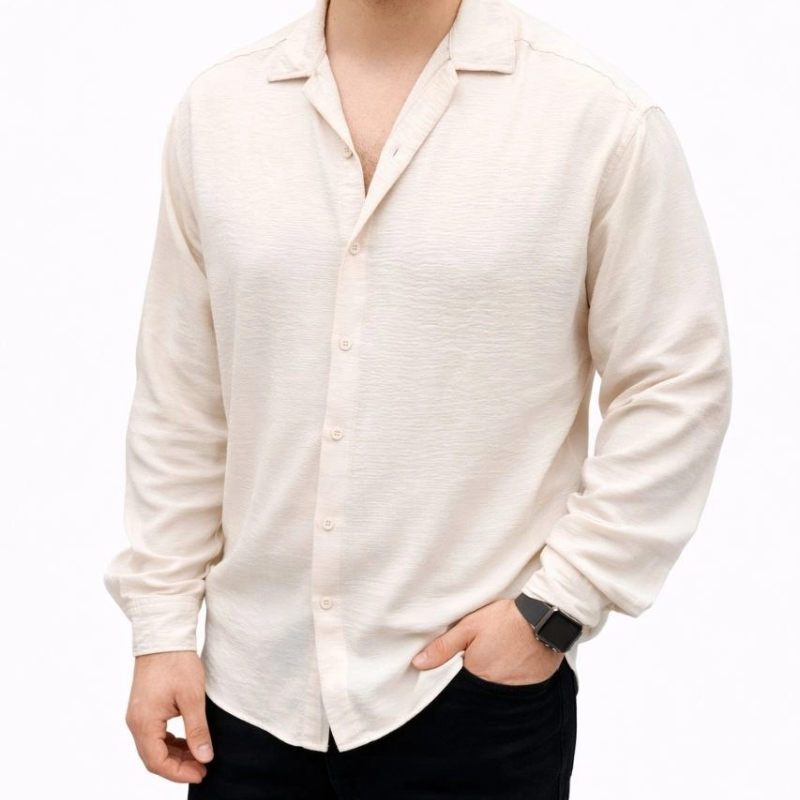 Erkek Aerobin Kumaş Oversize 4 Mevsim Uzun Kollu Rahat Kalıp Gömlek - Bej