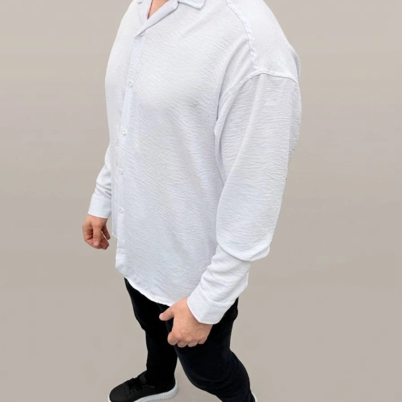 Erkek Aerobin Kumaş Oversize 4 Mevsim Uzun Kollu Rahat Kalıp Gömlek - Beyaz