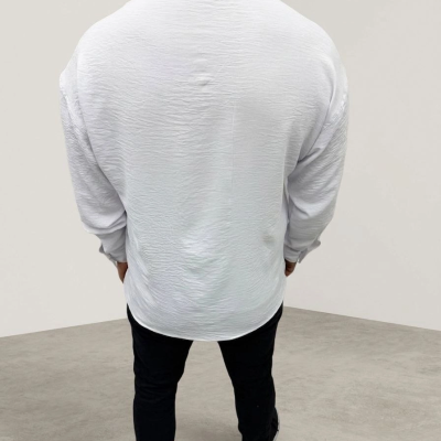 Erkek Aerobin Kumaş Oversize 4 Mevsim Uzun Kollu Rahat Kalıp Gömlek - Beyaz