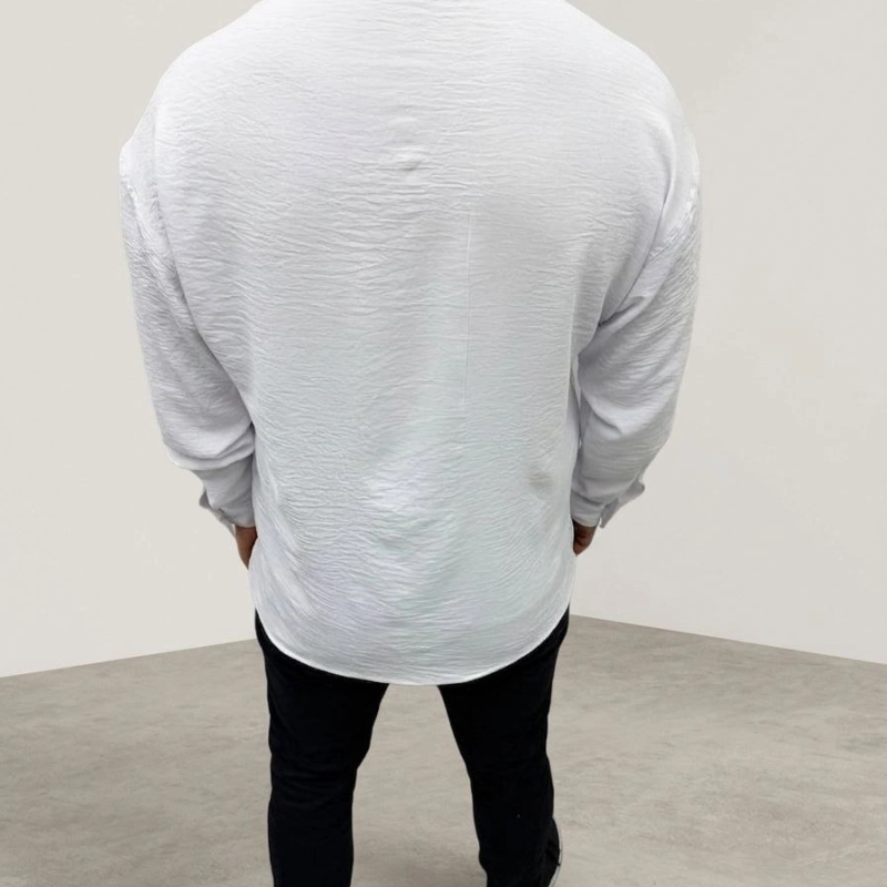 Erkek Aerobin Kumaş Oversize 4 Mevsim Uzun Kollu Rahat Kalıp Gömlek - Beyaz