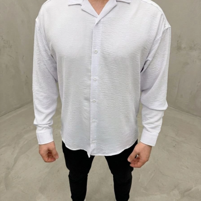 Erkek Aerobin Kumaş Oversize 4 Mevsim Uzun Kollu Rahat Kalıp Gömlek - Beyaz