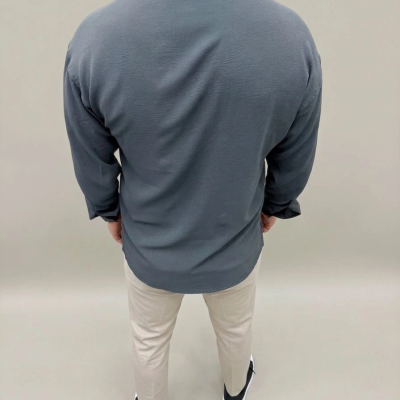 Erkek Aerobin Kumaş Oversize 4 Mevsim Uzun Kollu Rahat Kalıp Gömlek - Füme