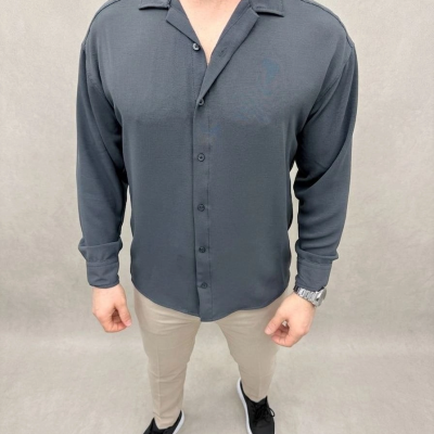 Erkek Aerobin Kumaş Oversize 4 Mevsim Uzun Kollu Rahat Kalıp Gömlek - Füme