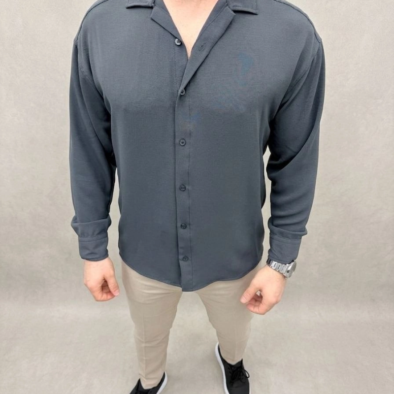 Erkek Aerobin Kumaş Oversize 4 Mevsim Uzun Kollu Rahat Kalıp Gömlek - Füme