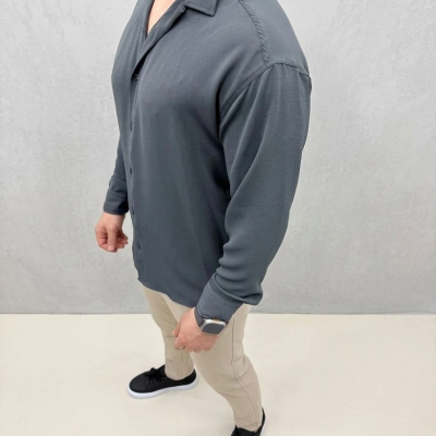 Erkek Aerobin Kumaş Oversize 4 Mevsim Uzun Kollu Rahat Kalıp Gömlek - Füme