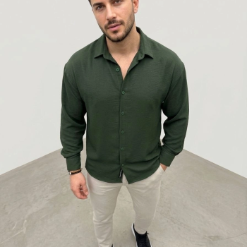 Erkek Aerobin Kumaş Oversize 4 Mevsim Uzun Kollu Rahat Kalıp Gömlek - Haki