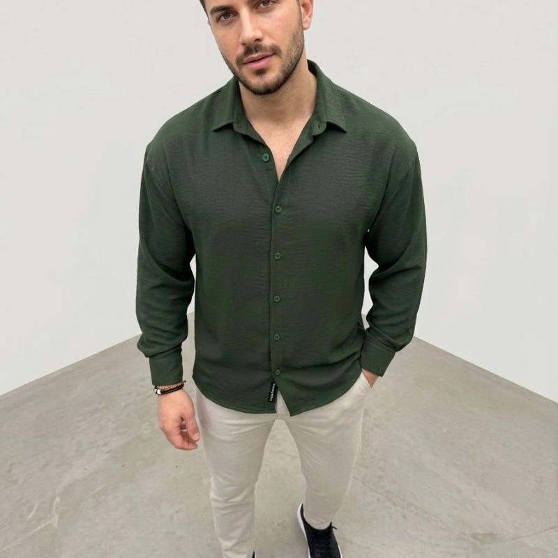 Erkek Aerobin Kumaş Oversize 4 Mevsim Uzun Kollu Rahat Kalıp Gömlek - Haki