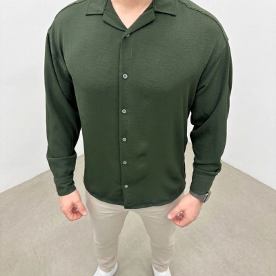 Erkek Aerobin Kumaş Oversize 4 Mevsim Uzun Kollu Rahat Kalıp Gömlek - Haki