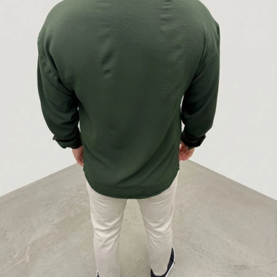 Erkek Aerobin Kumaş Oversize 4 Mevsim Uzun Kollu Rahat Kalıp Gömlek - Haki